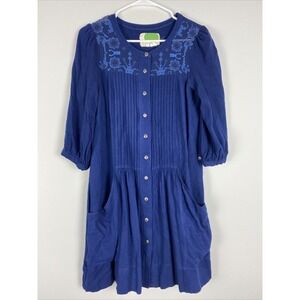 Anthropologie Dark Blue Button Front Dress Pleated Quarter Sleeve Pockets Sz 2
